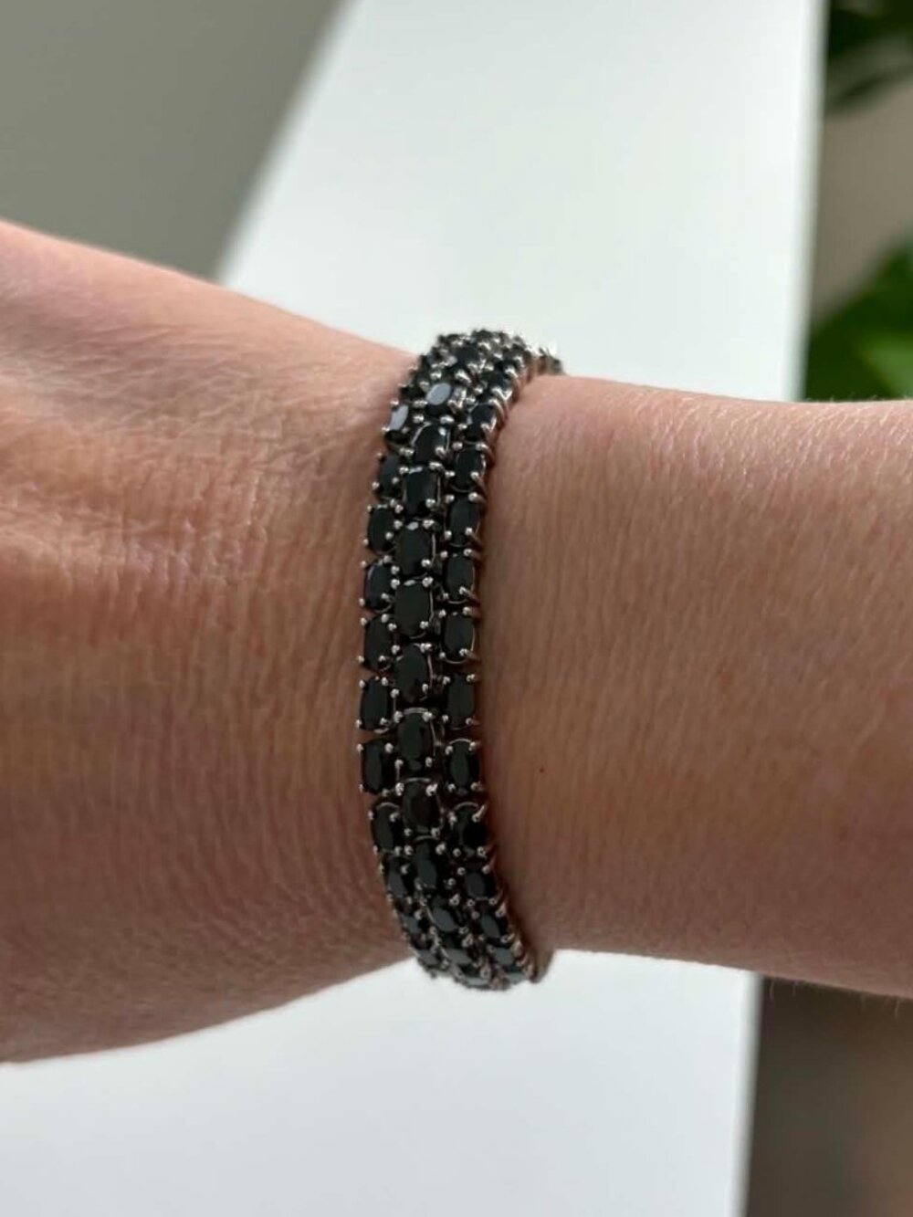 Vintage 925 Sterling Silver Triple Row Black Spinel Tennis Bracelet 7” Thailand